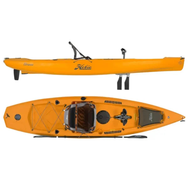 Orange kayak with black accents on a white background