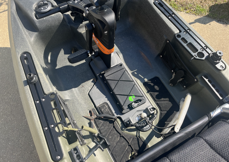 Close-up of a kayak interior with Navarre Kayak Fishing Replacement Rails