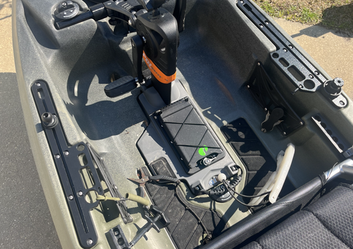Close-up of a kayak interior with Navarre Kayak Fishing Replacement Rails