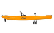 Orange kayak with black accents on a white background