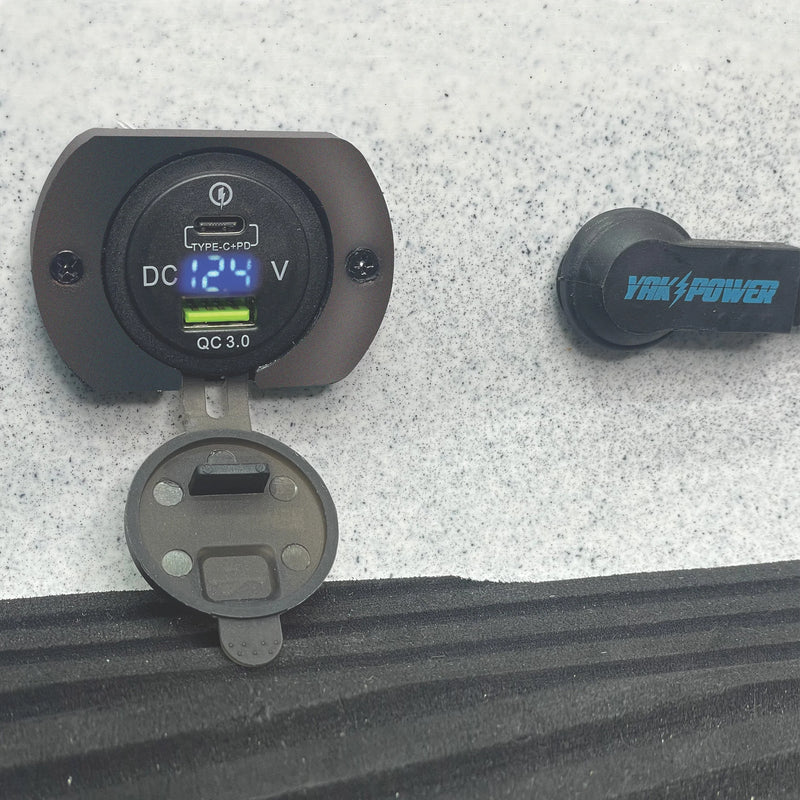 Yak Power Dual USB-C and USB QC3.0 Fast Charging Port with Voltmeter